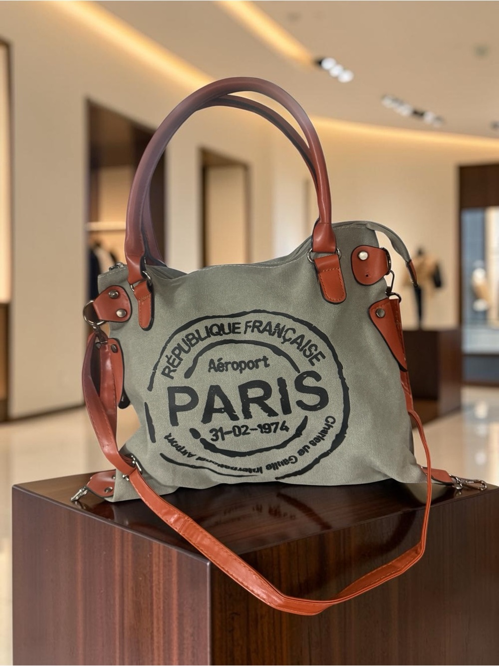 Paris Stamp Canvas Tote with Brown faux Leather Trim